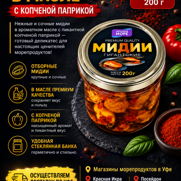 Мидии в масле с копчёной паприкой 200 гр.