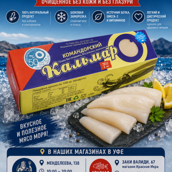 Кальмар Камандорский филе очищенный 40/60 1 кг
