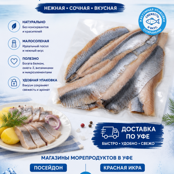 Селедь филе малосоленое без кожи в вакумной упаковке